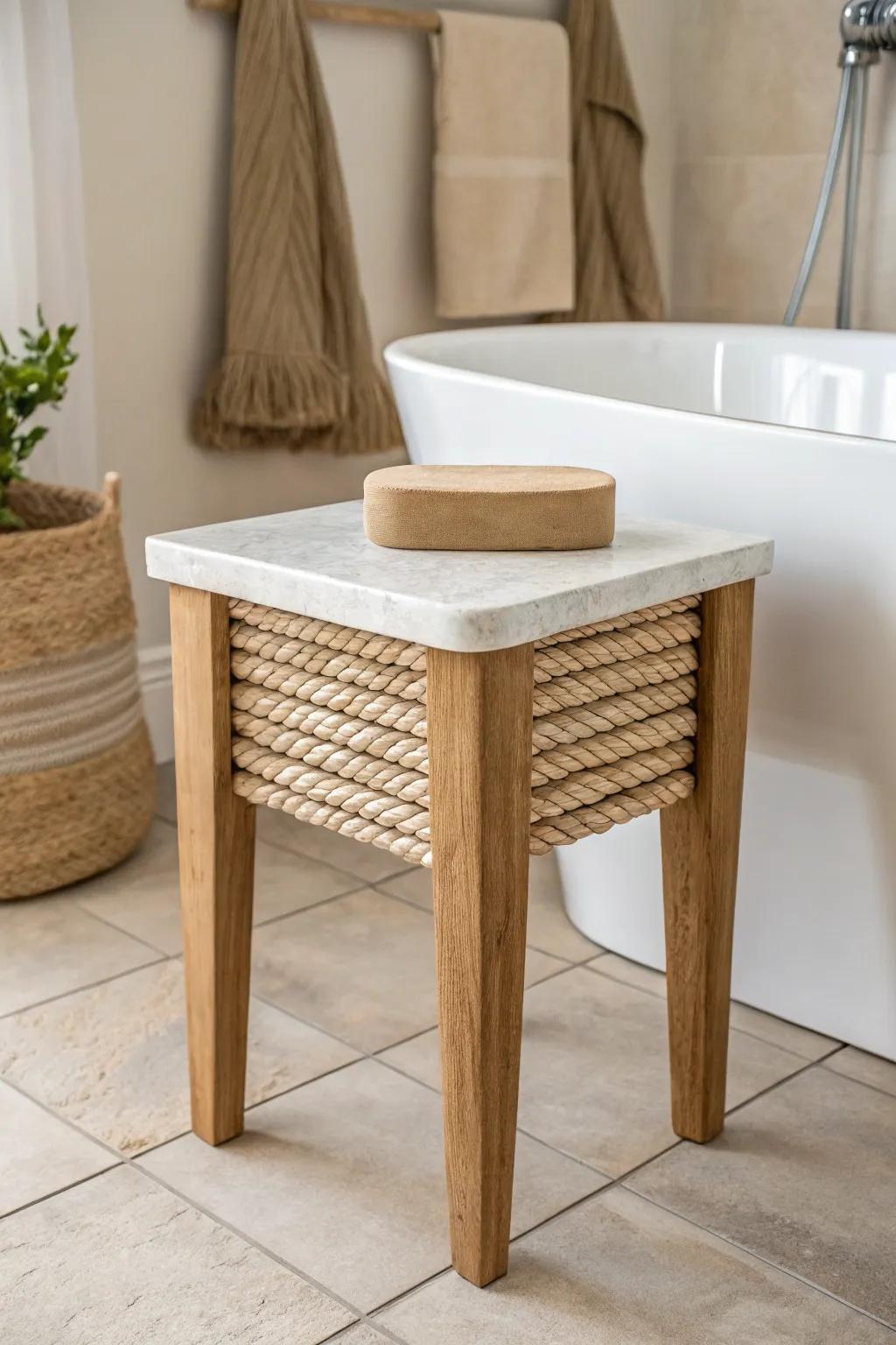 Rope-wrapped farmhouse tub-side table—cozy texture below, wipe-clean wood top above.