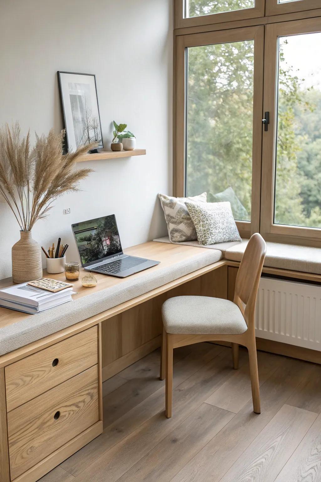 A bay window bench that becomes a slim desk—sunlit, space-smart, and beautifully simple.