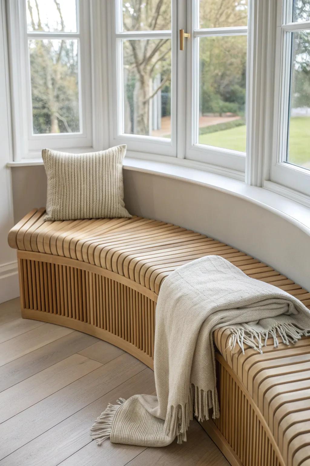 Curved laminated oak bench—an architect-made look for a serene bay window reading nook.