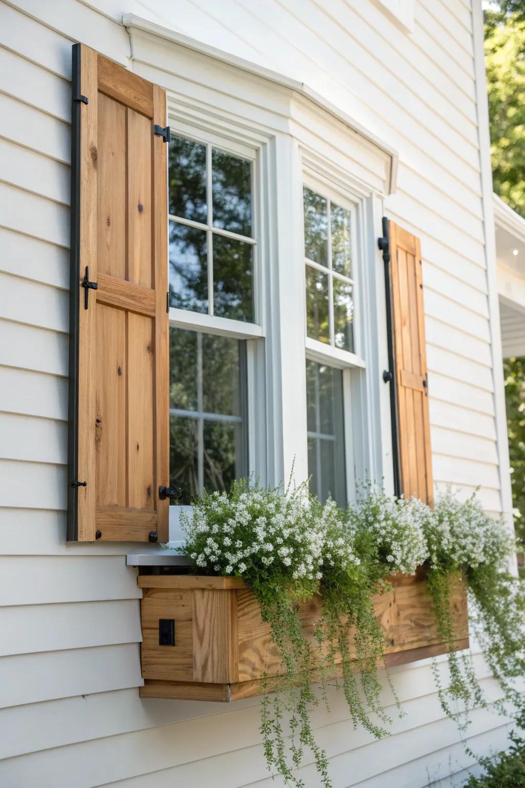 Oak shutters + a cedar window box: the easiest way to give a bay window instant charm.