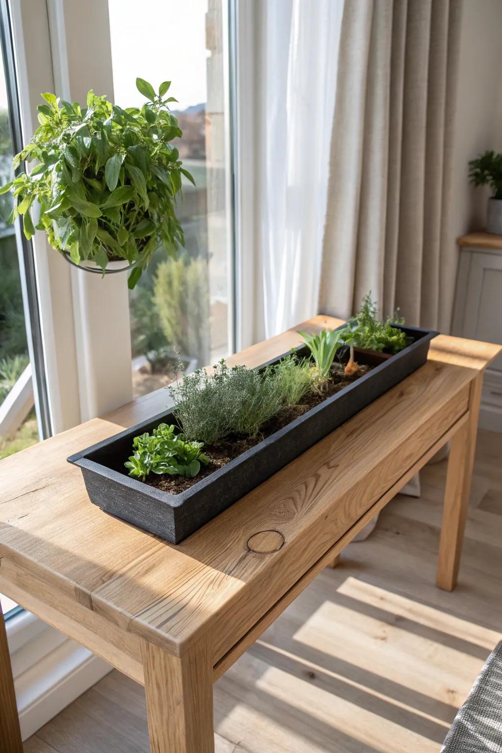 A bay window table with a built-in herb trough—fresh greens in bright natural light.