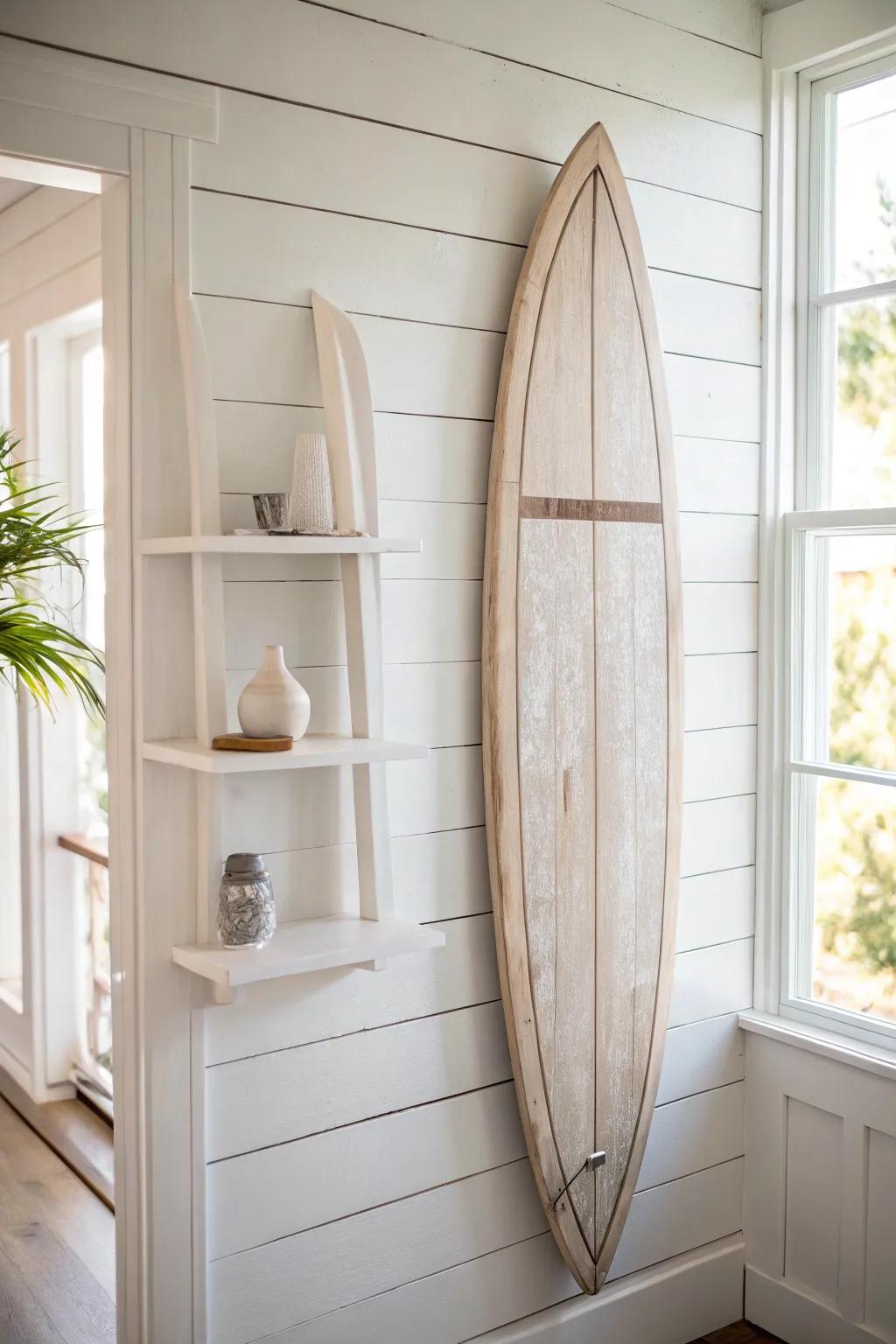 Surfboard-shaped whitewashed wood shelf—minimal beach cottage charm with handcrafted warmth.