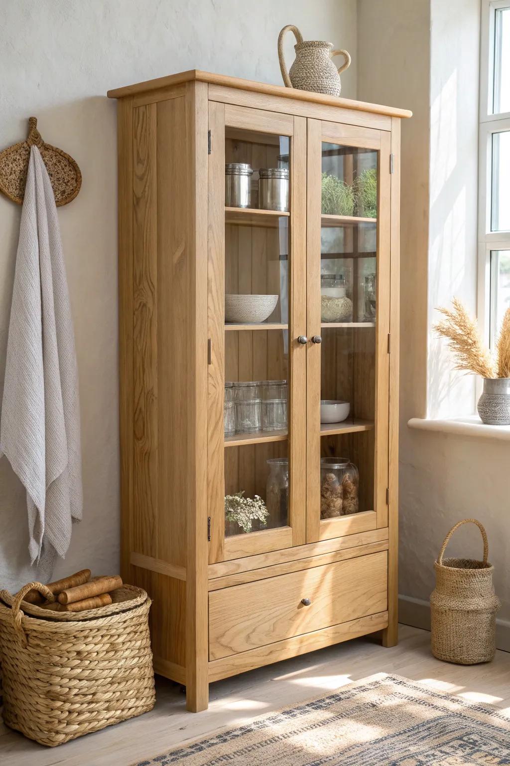 Glass-front pantry cabinets keep it airy—and make your prettiest dishes part of the decor.