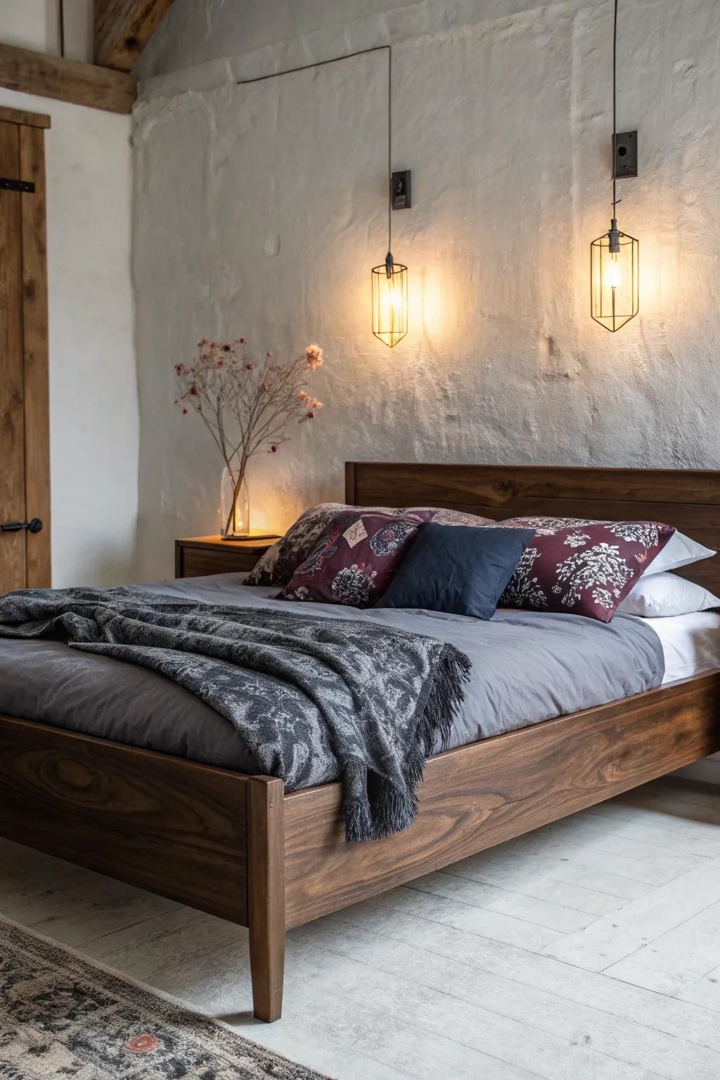 Moody charcoal layers meet rich walnut grain for a cozy, dark-romance bed set.