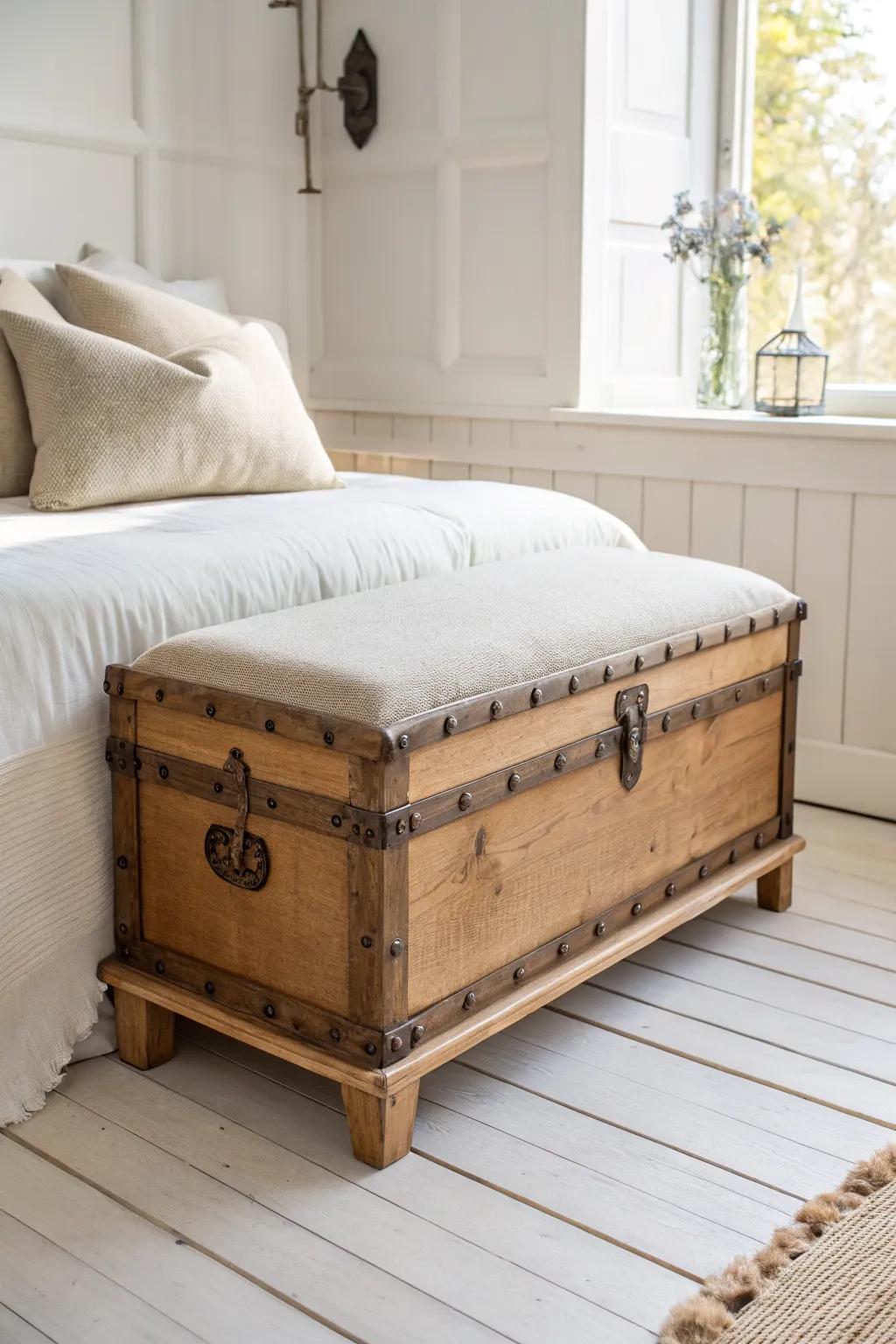 Vintage trunk bench with a linen cushion—hidden storage for blankets at the foot of the bed.