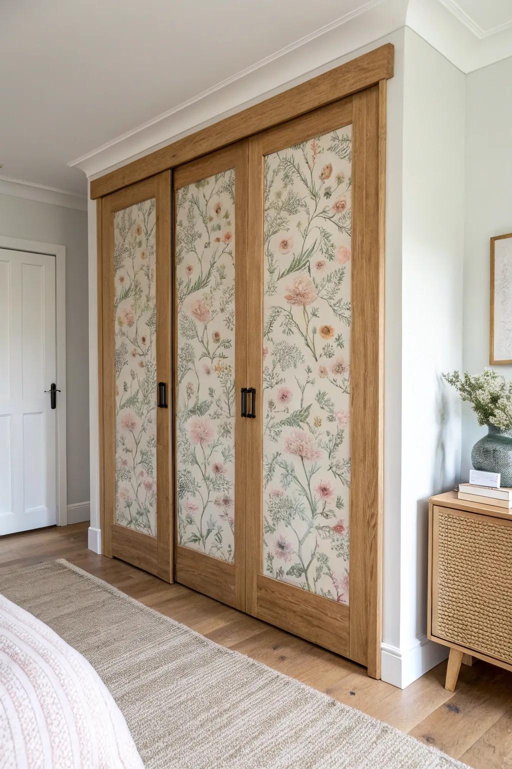 Wallpapered closet door panels—pattern like framed art, Scandinavian calm with boho warmth.
