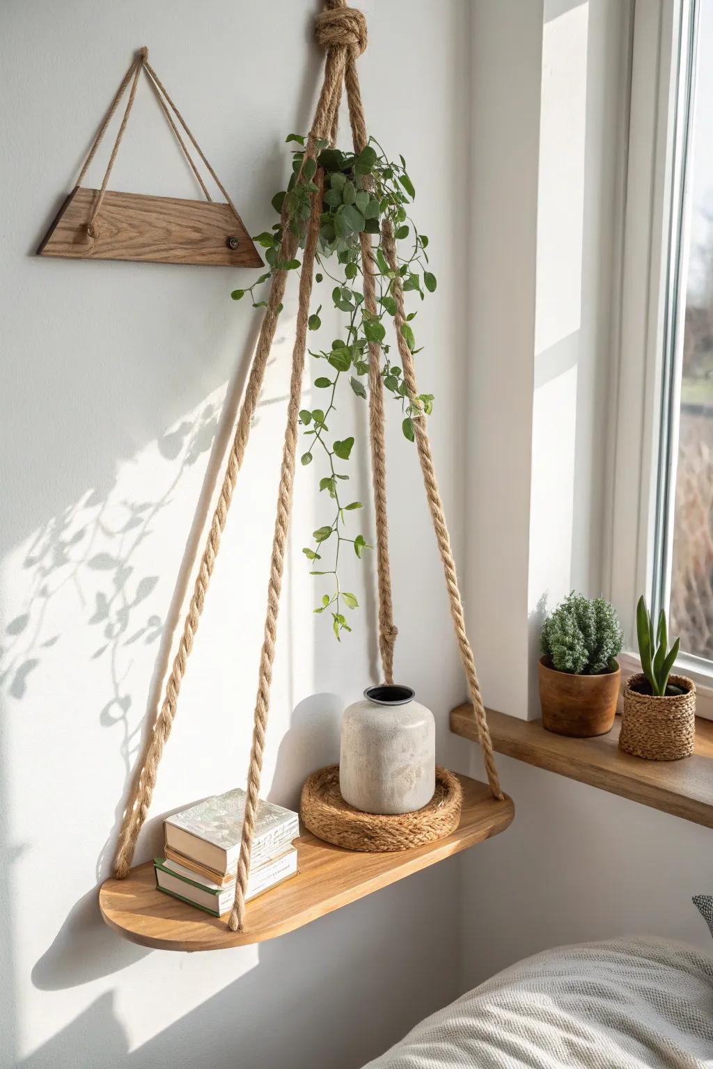 Soft and minimal: a handcrafted rope corner shelf that adds boho warmth without clutter.