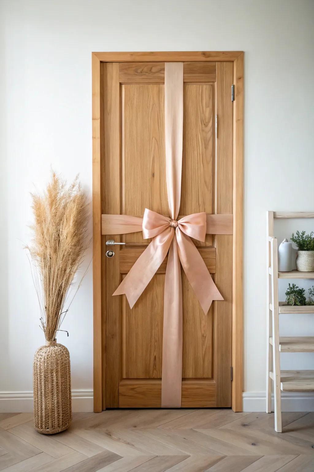 Turn your bedroom door into a giant gift with wide ribbon and a big bow—instant holiday charm.