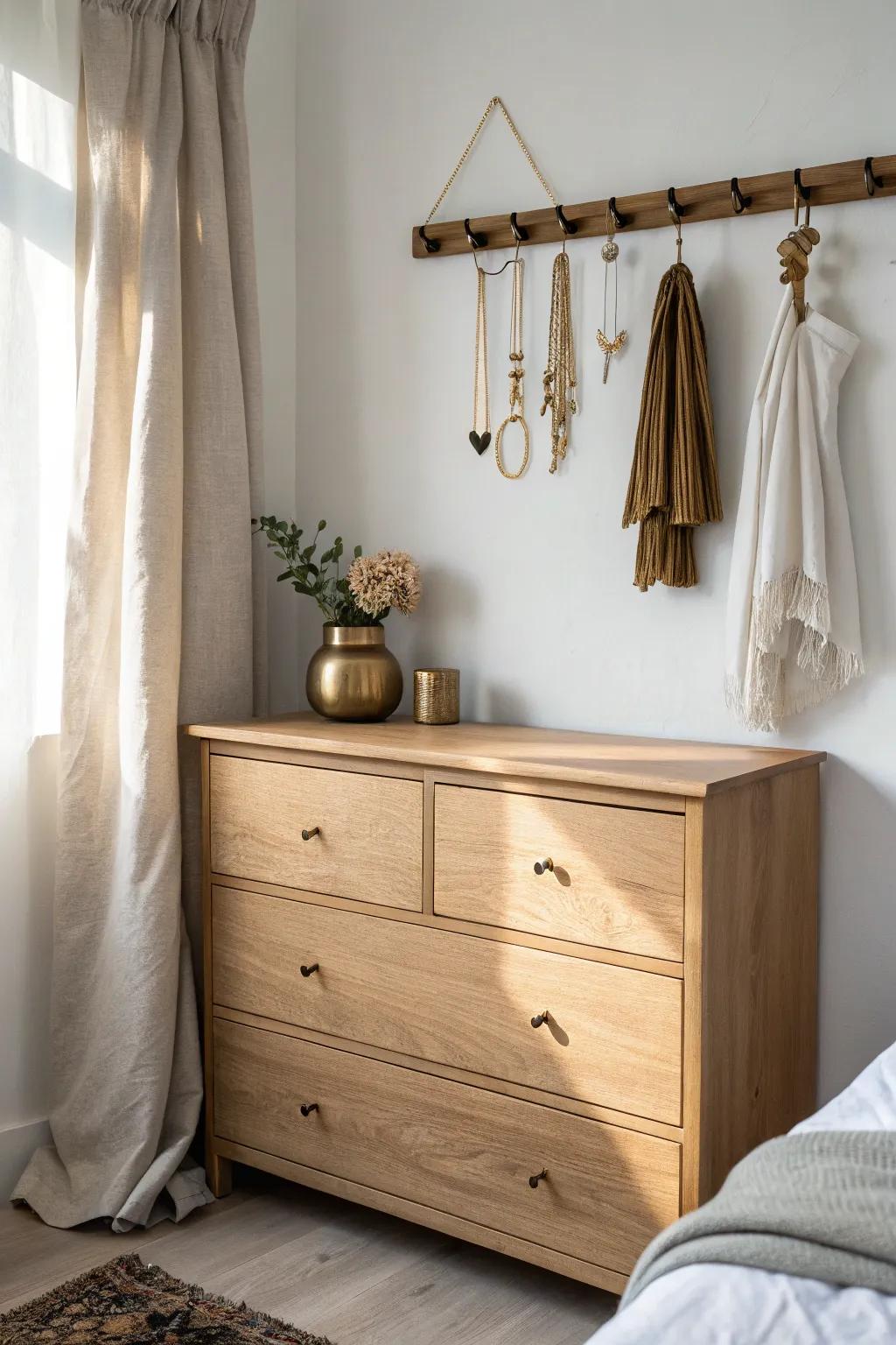 A mini wood rail with hooks keeps necklaces and hair accessories tidy above the dresser.