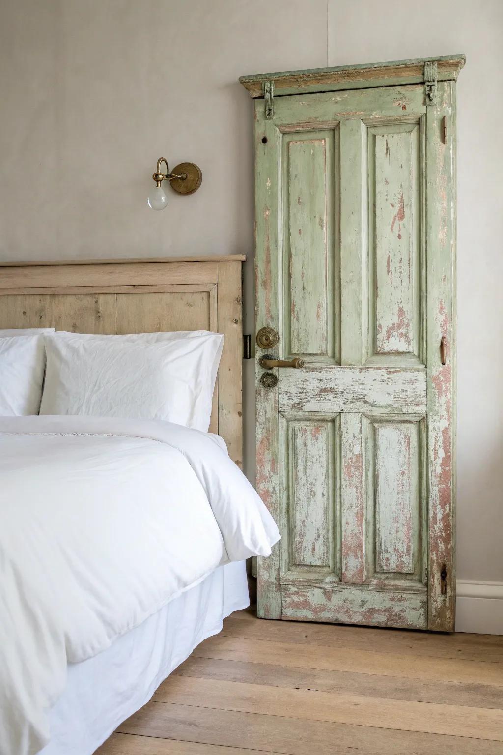 Turn a weathered vintage door into a grand, character-rich headboard with soft boho charm.