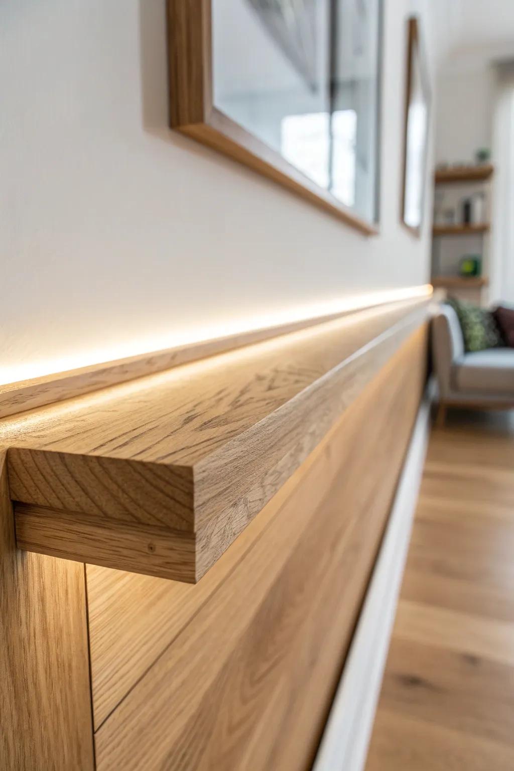 Minimal oak bedroom ledge with a slim resin inlay—subtle shimmer like a quiet river.