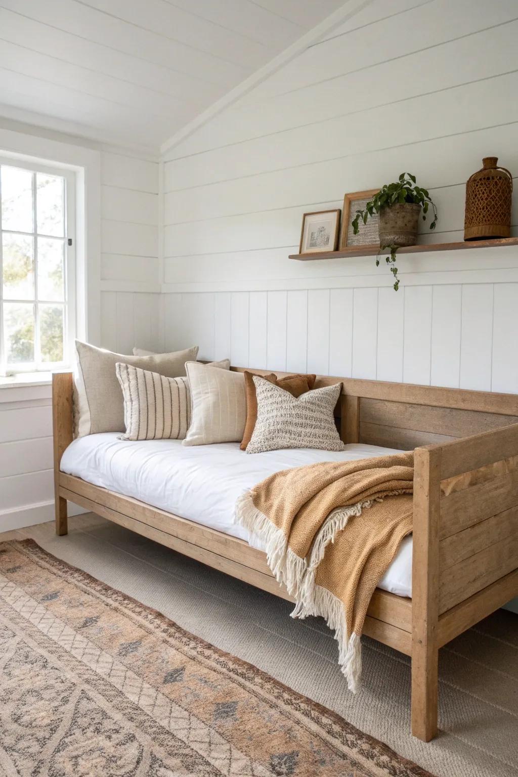 A handcrafted wood daybed settee—perfect bedroom lounging without disturbing the bed.