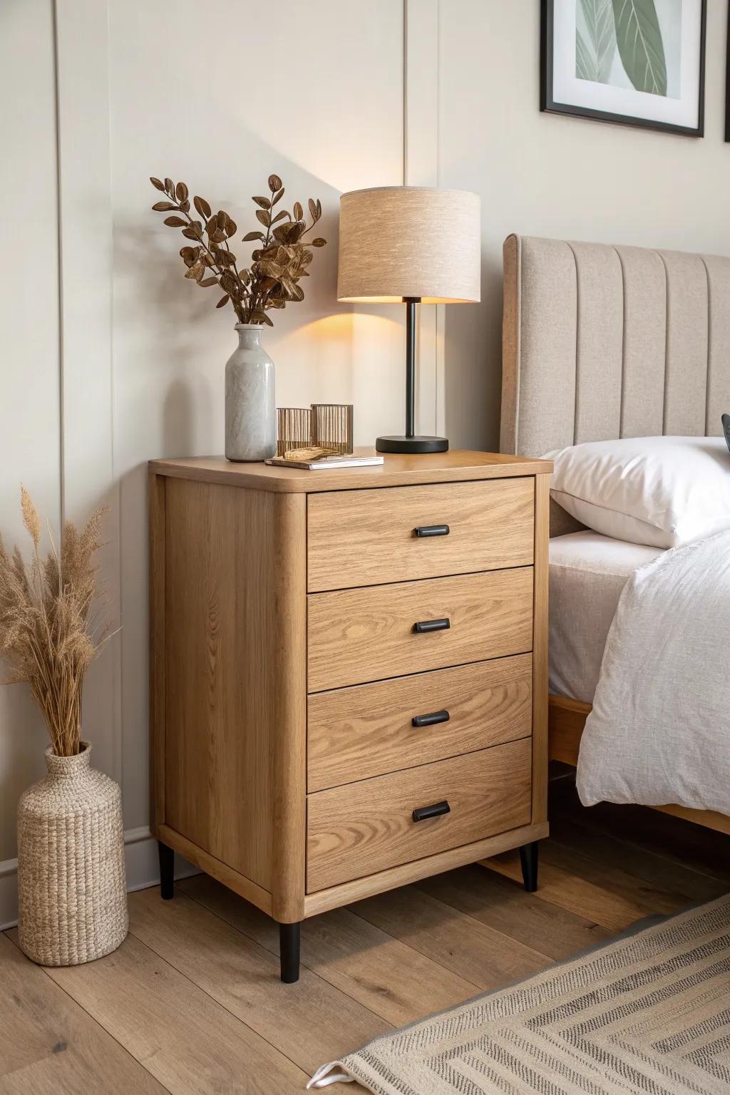 A small wood sideboard doubles as an oversized nightstand—extra drawers, calm Scandinavian style.