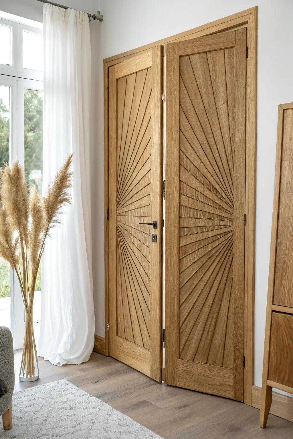Sunburst wood strip bifold doors—minimal, warm, and strikingly handmade.