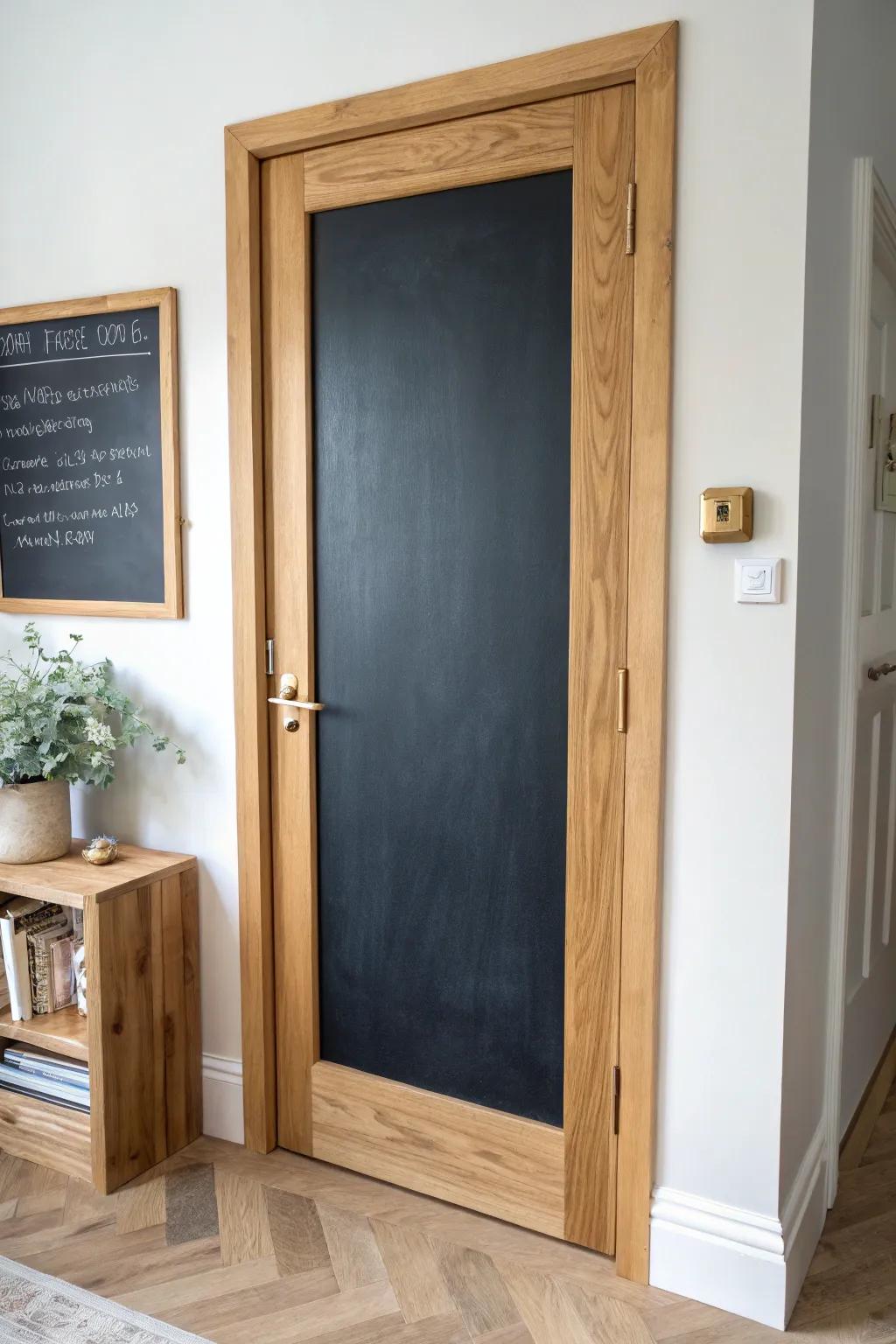 An oversized oak chalkboard door—minimal, boho-soft, and perfect for daily notes.