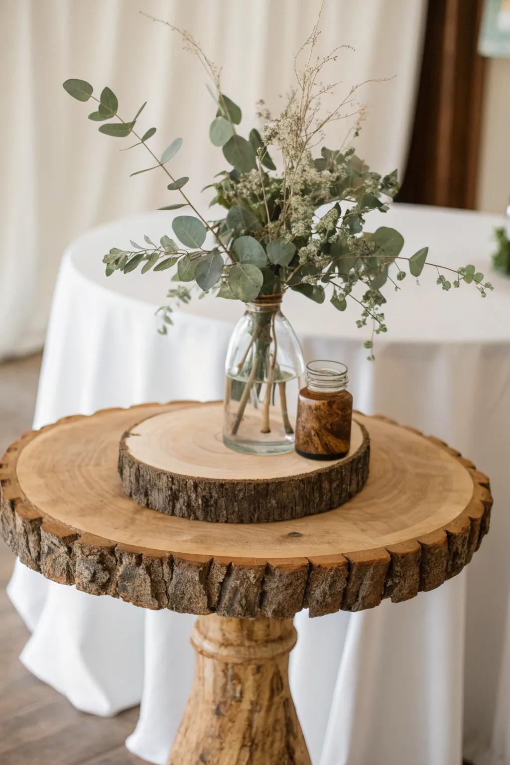 Reclaimed wood-slice pedestal + simple jar of stems—minimal bistro table decor with warmth.