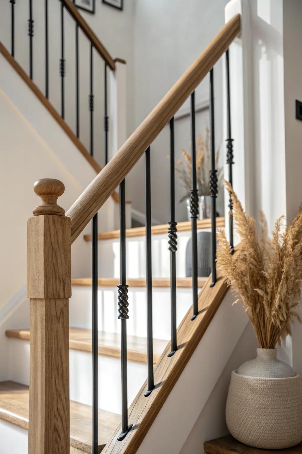 Playful yet timeless: alternating black-and-white spindles under a sleek black rail.