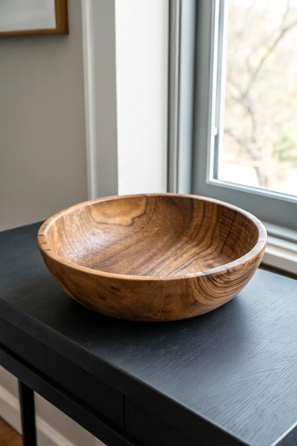 Hand-carved wood bowl on a matte black table—simple, bold grain contrast for cozy minimal style.