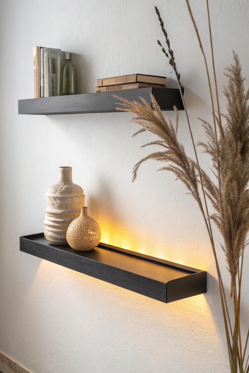 Warm undershelf lighting makes black floating shelves feel luxe and highlights every detail.