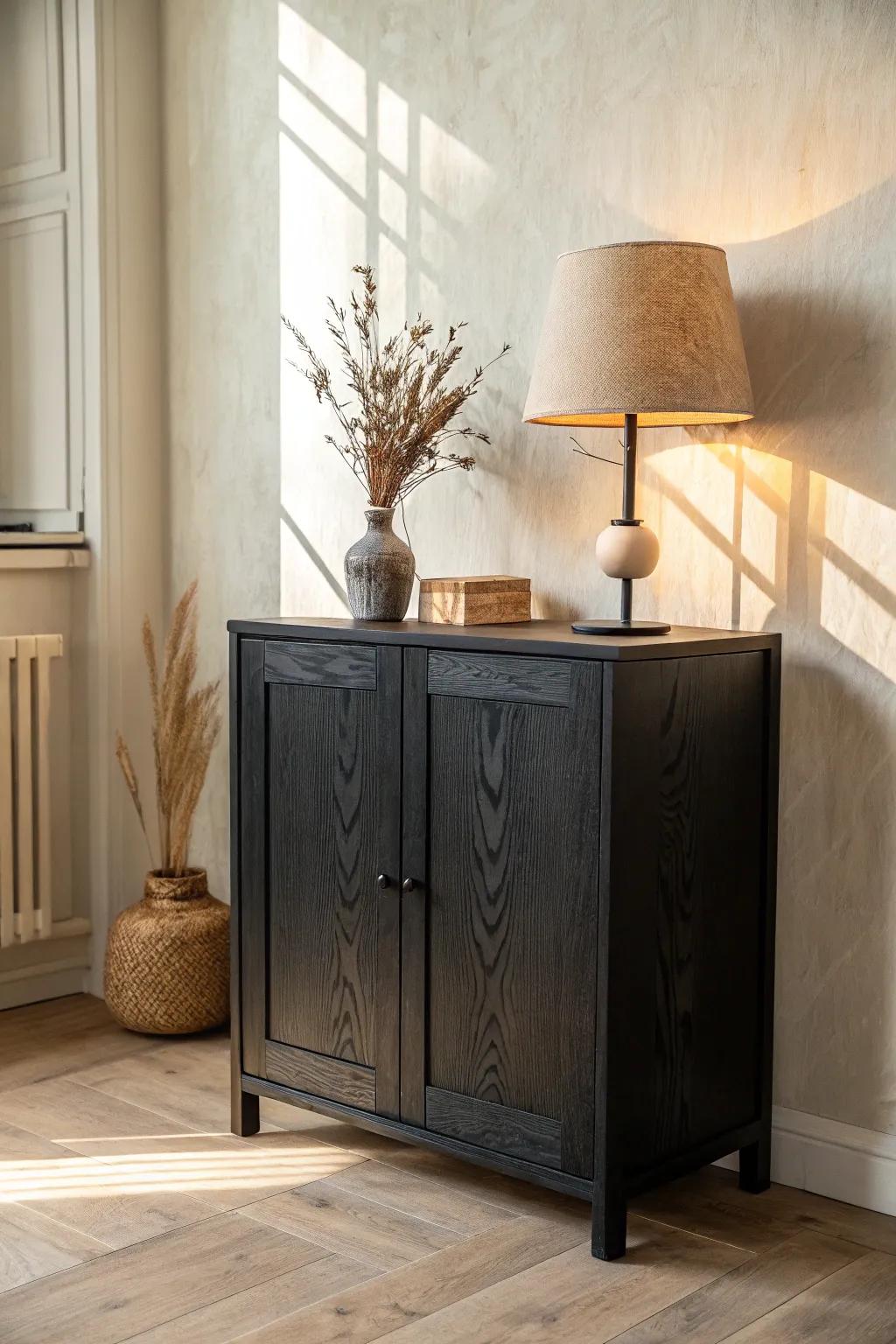 Warm lamp light turns black furniture velvety and rich—perfect for cozy, modern contrast.
