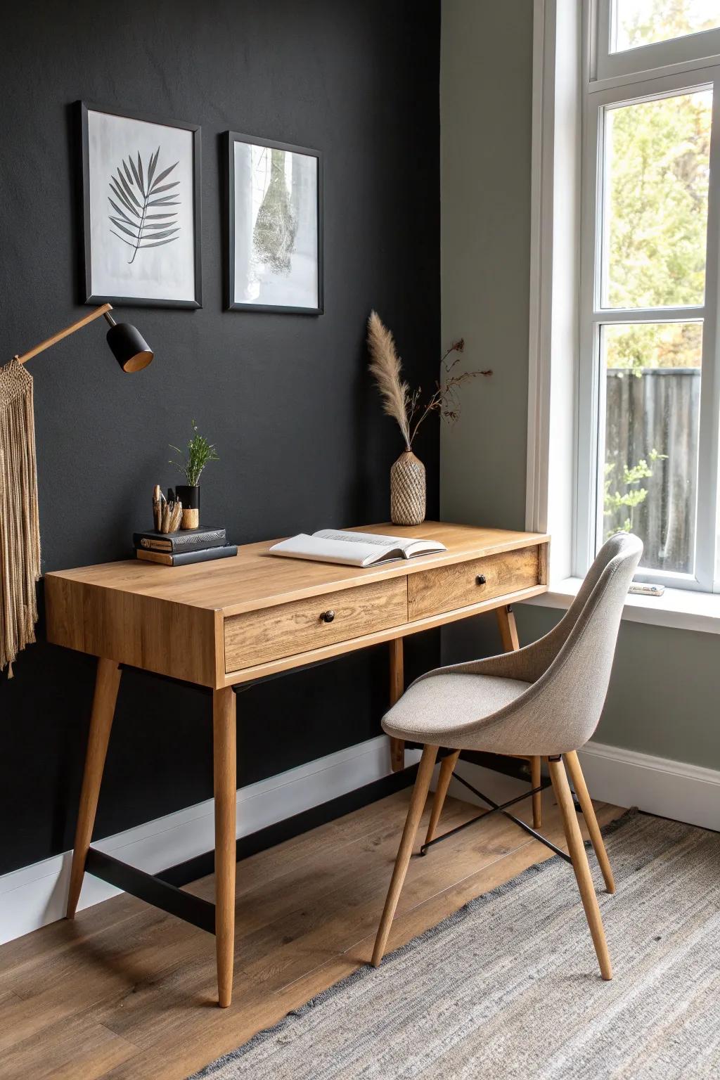 A floating oak desk against a black wall makes the grain pop—minimal, warm, and custom.
