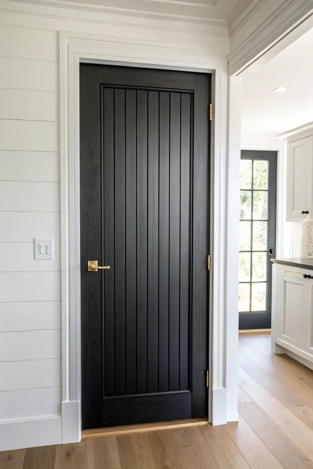 Matte black beadboard pantry door—textured grooves that catch light for cozy farmhouse contrast.