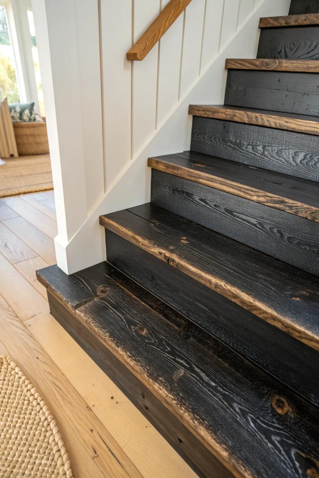 Charred black wood stair tread—deep matte color with rustic grain and a durable sealed finish.