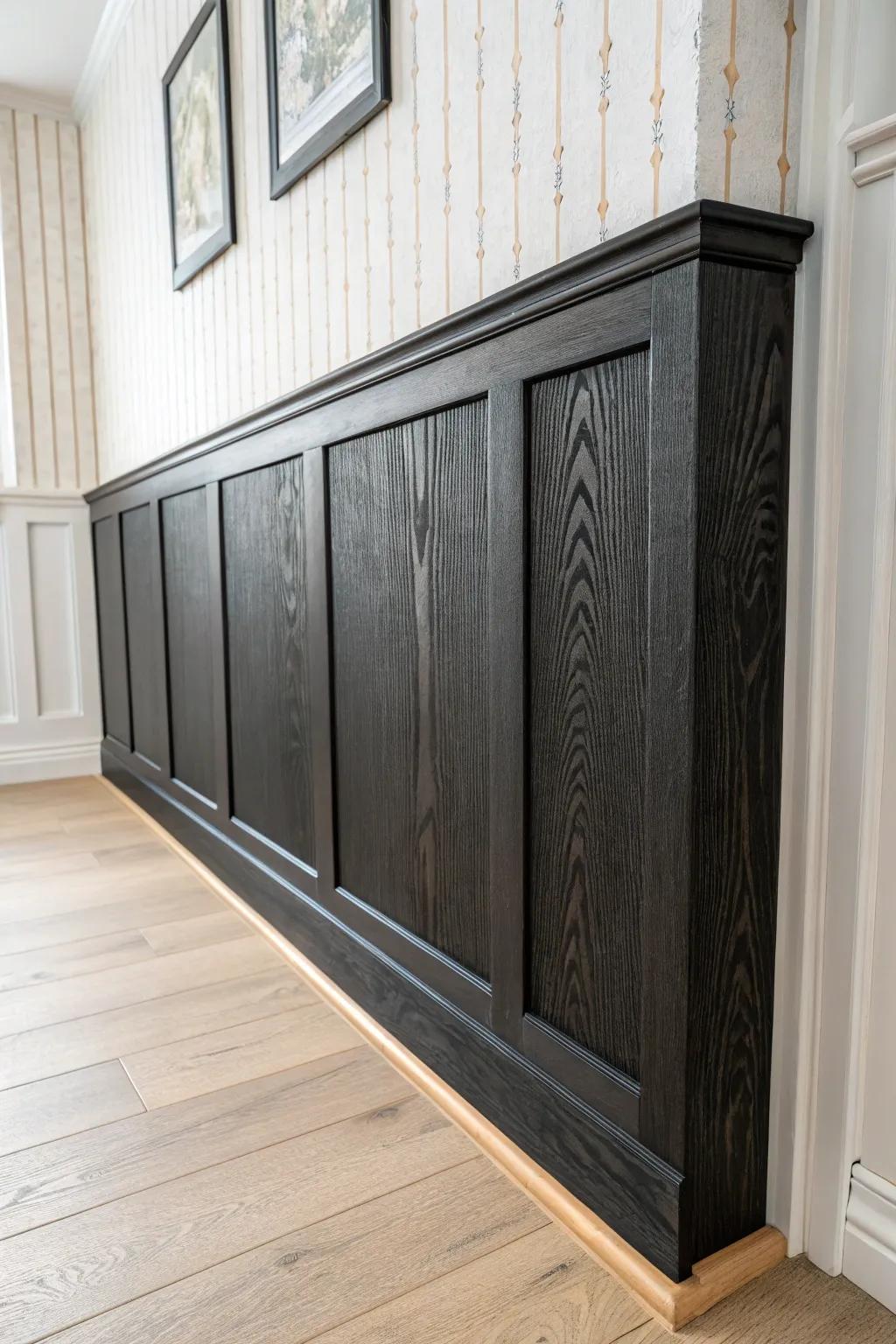 Black oak wainscoting meets a whisper-soft pattern above—minimal, warm, and grounded.