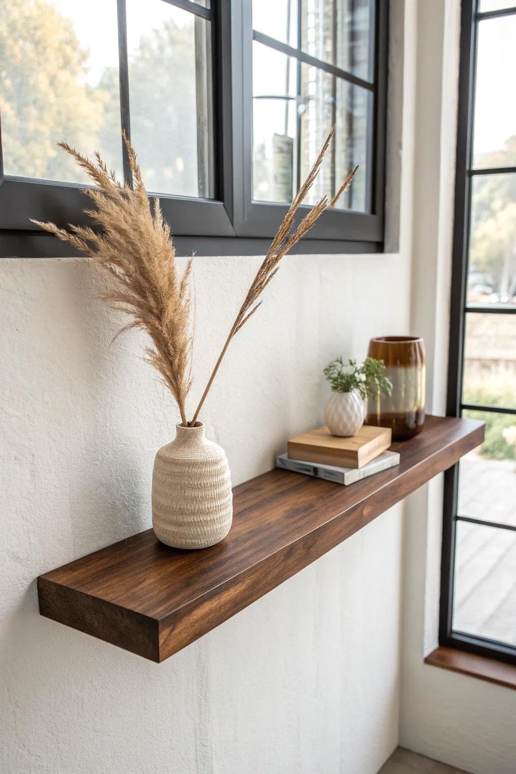 Floating black walnut shelf with hidden brackets—minimal, warm, and crafted like furniture.