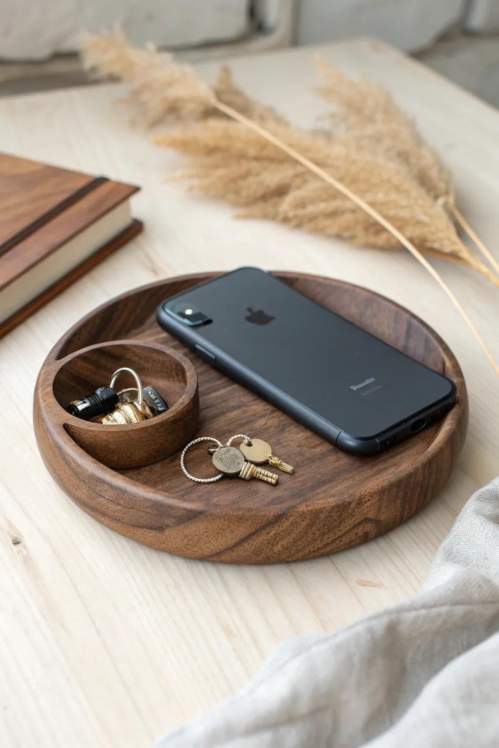 Black walnut charging dock with catchall tray—sleek, smooth edges and everyday elegance.
