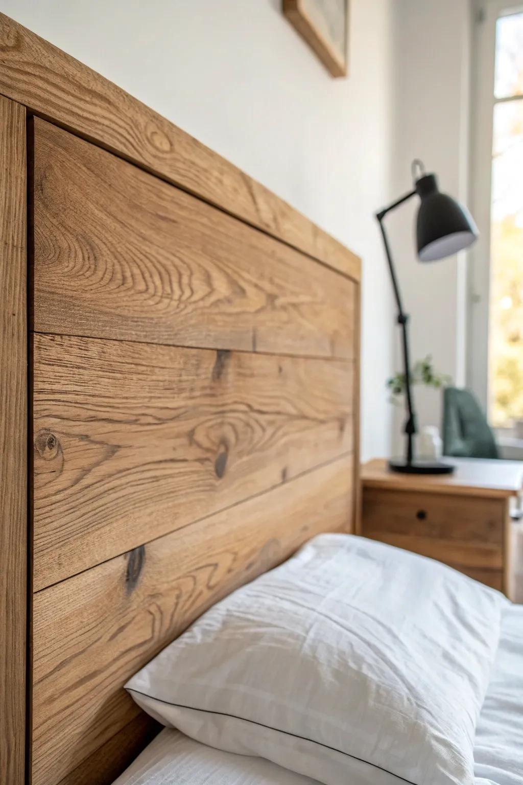 White linens, a matte black lamp, and a warm wood headboard—minimal, cozy, handcrafted.
