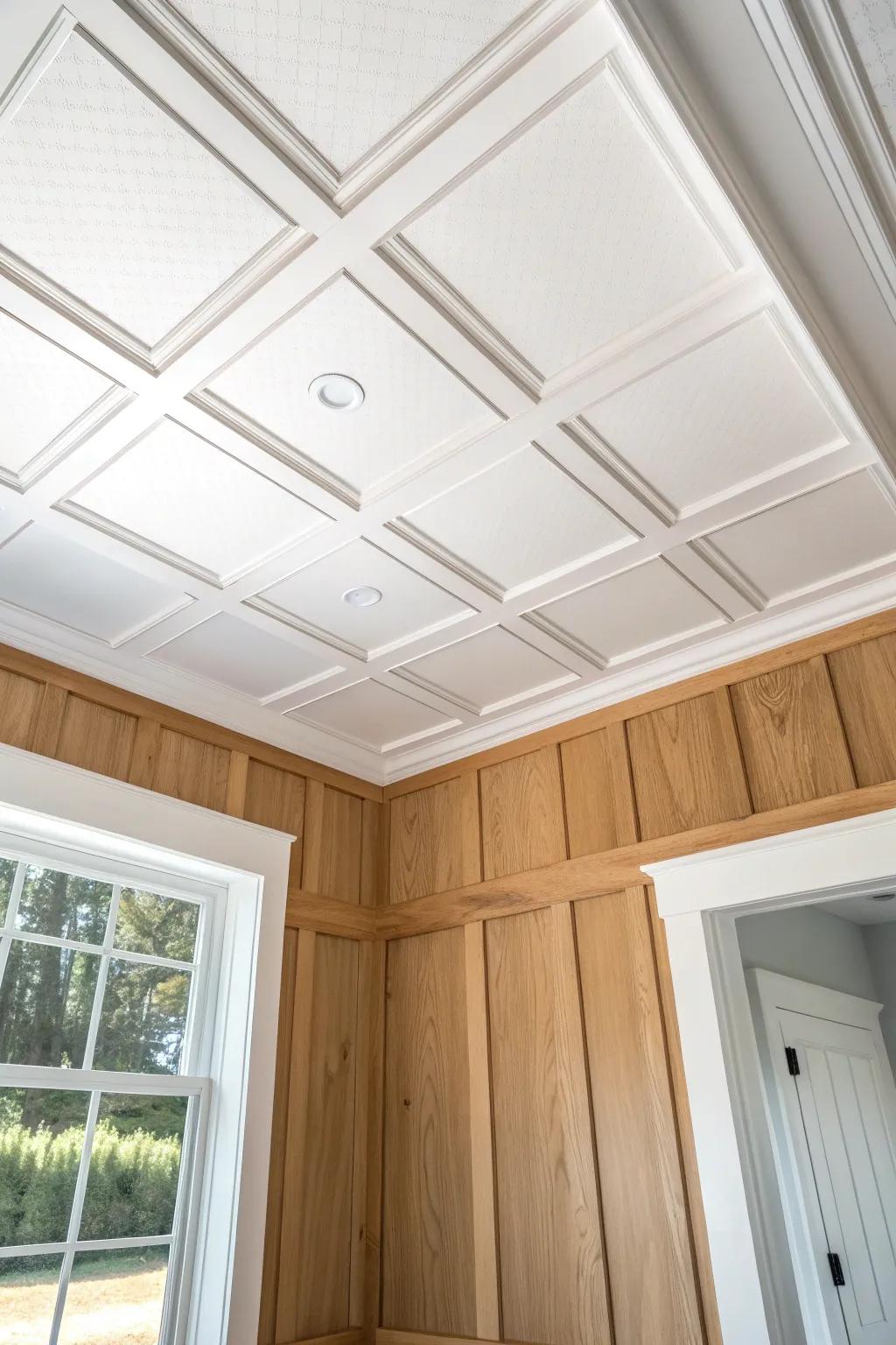 Jewelry-box micro-grid board & batten ceiling—tiny powder room, big craftsmanship impact.