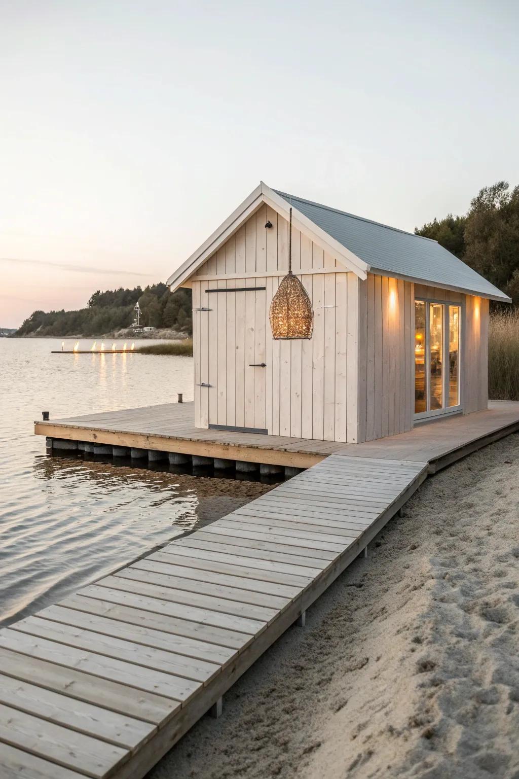 A floating boathouse that rises with the water—minimal, warm wood tones, and wide walkways.