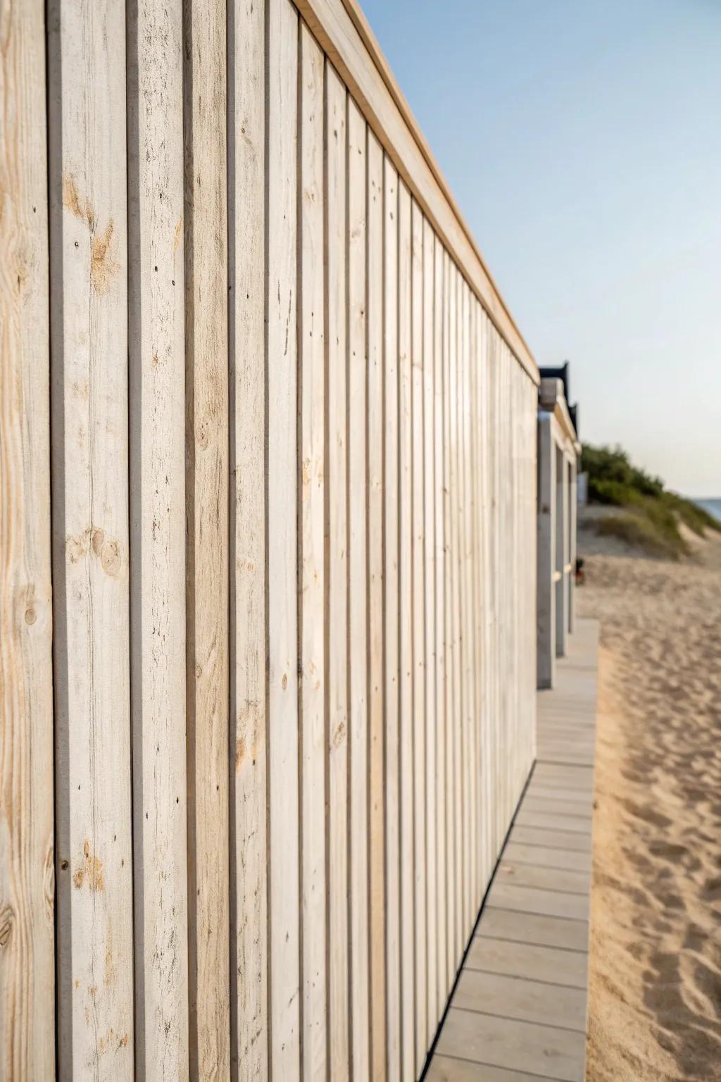 Sun-faded slat accent wall for instant surf-shack charm—minimal, airy, and softly boho.