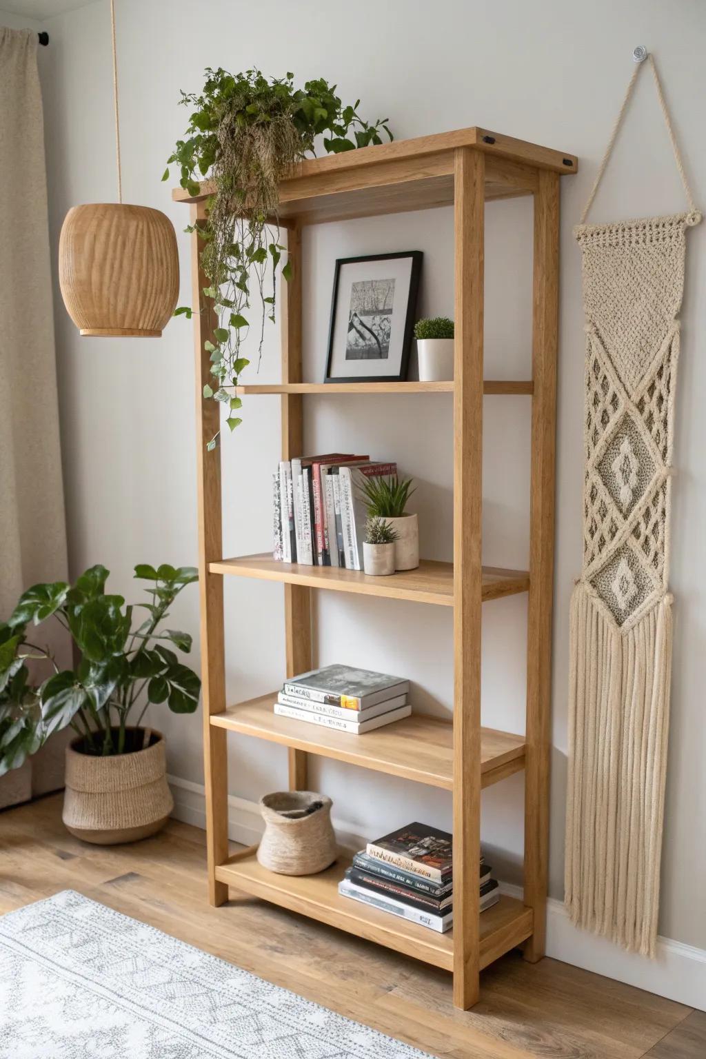 A sanded branch topper adds boho charm—perfect for hanging macramé and trailing plants.