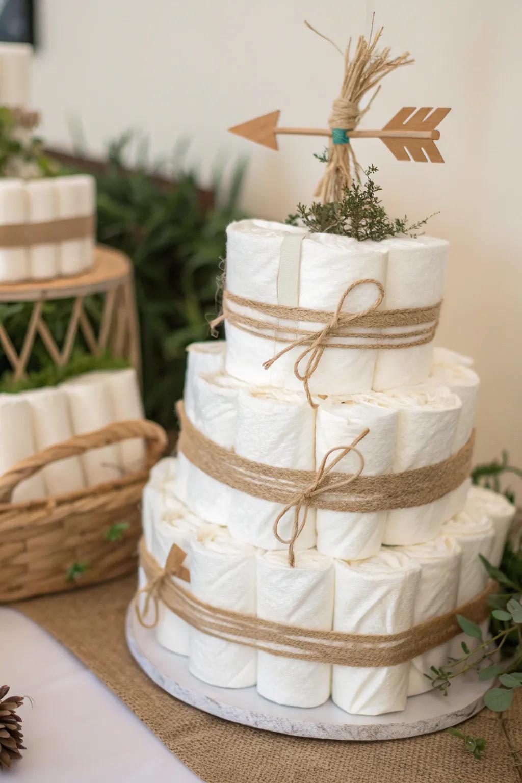 Embark on a new adventure with this charming boho diaper cake, perfect for the journey ahead. 🌿✨