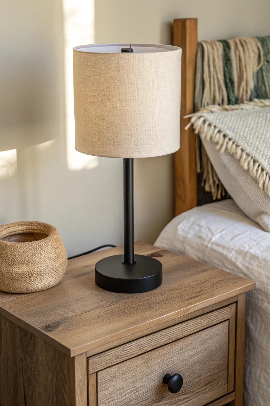 Matte black lamp + reclaimed wood nightstand: the crisp contrast that grounds a boho farmhouse bedroom.