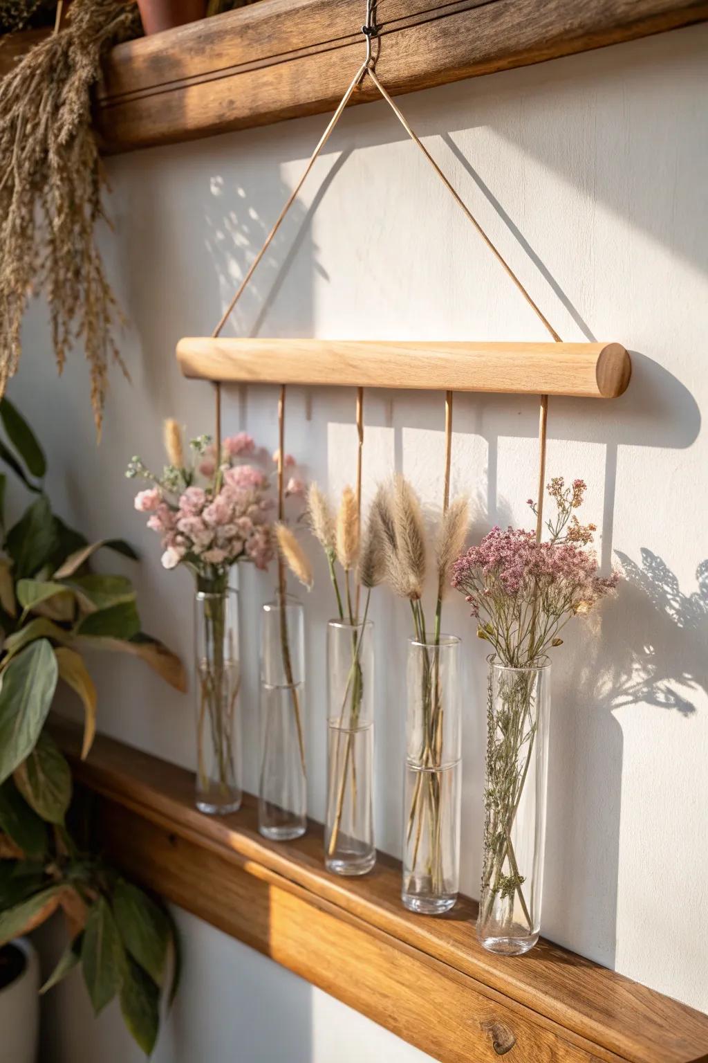 A slim oak strip with hanging test tubes of dried florals—boho charm with clean, airy lines.