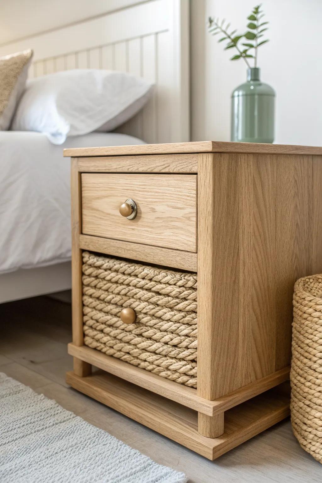 Warm oak nightstand with jute-wrapped sides—simple Scandinavian lines with boho texture.