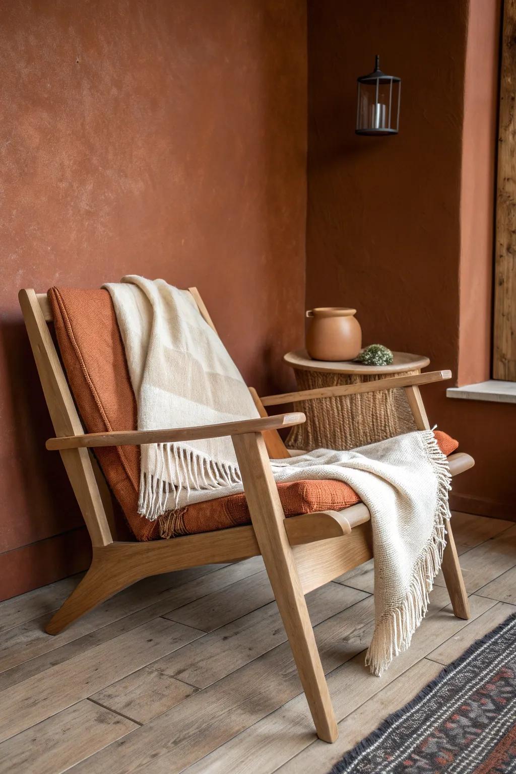 A light oak lounge chair pops against deep clay walls for a cozy, moody boho nook.