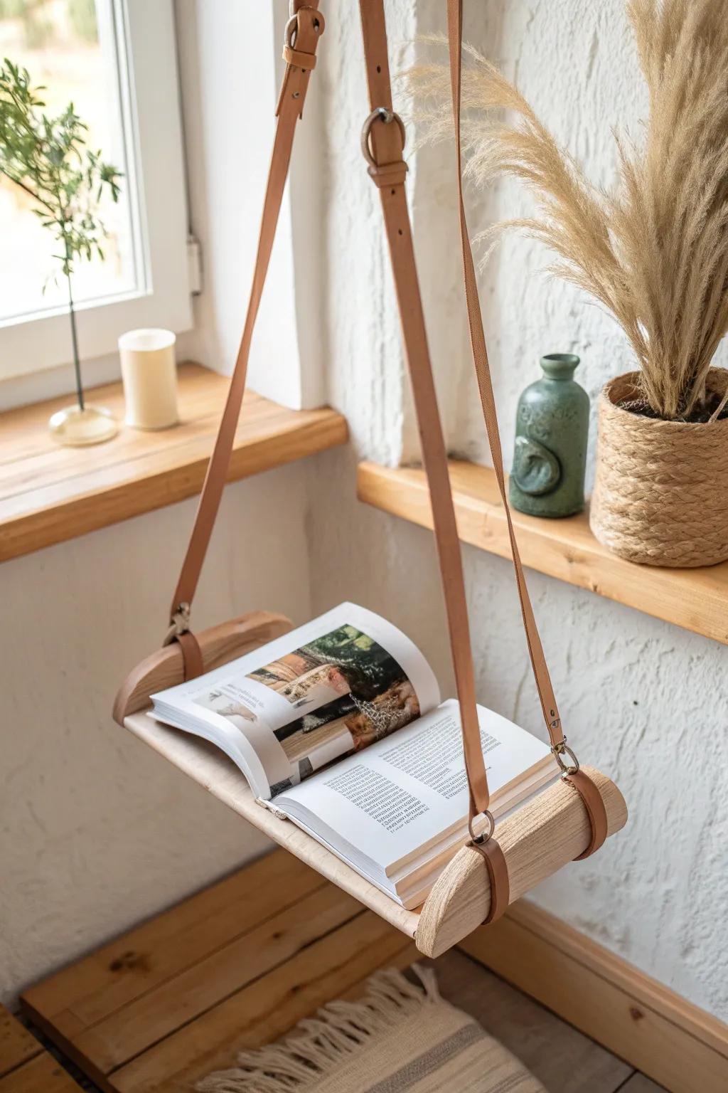 A floating face-out book display: leather straps on a pale oak rail for airy, wow-worthy style.