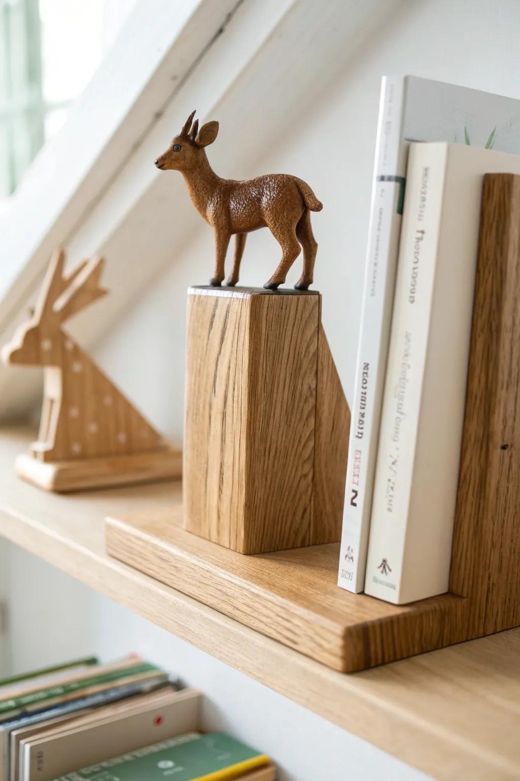 Sweet toy deer bookend on a sturdy oak base—cute for kids’ shelves and nicely weighted.