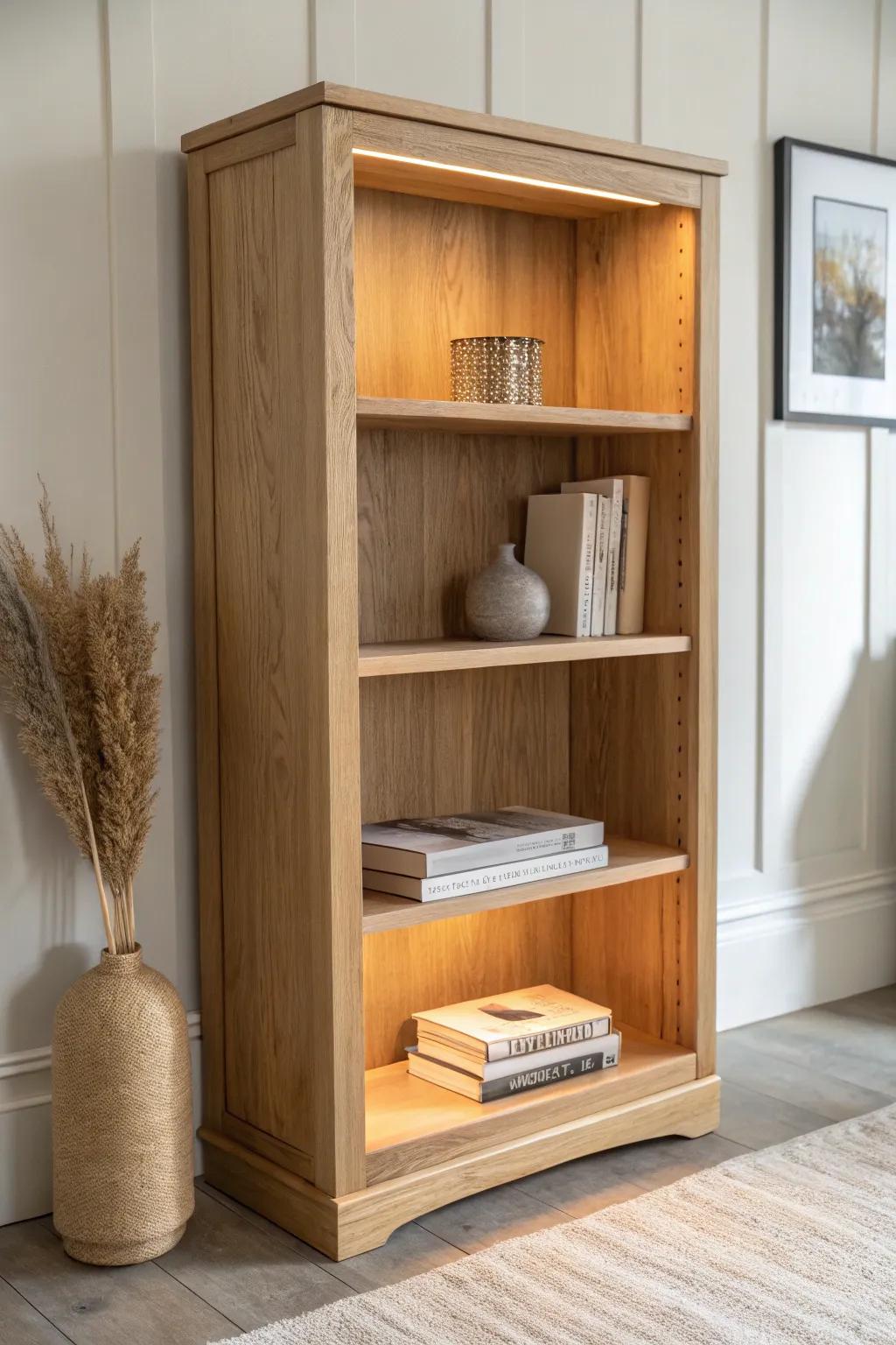 Warm shelf lighting makes your bookcase feel intentional—cozy glow, minimal styling, big impact.