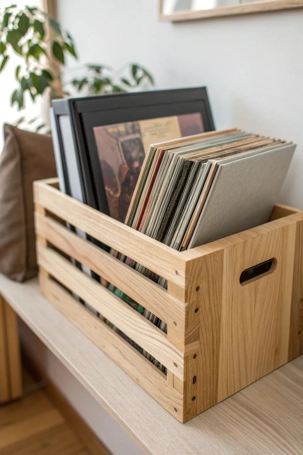 Mix books and vinyl in a simple oak crate for a cozy, collected bookshelf moment.