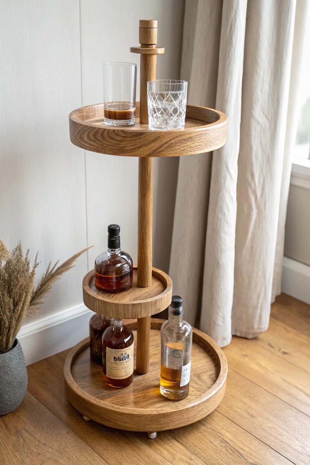 A rotating oak bourbon shelf carousel—compact, elegant, and made to show off your best bottles.
