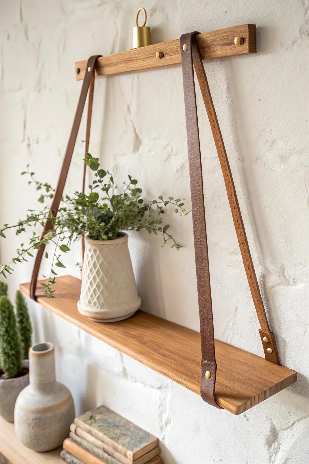 Handcrafted leather strap shelves—warm wood grain, brass details, and a soft boutique vibe.