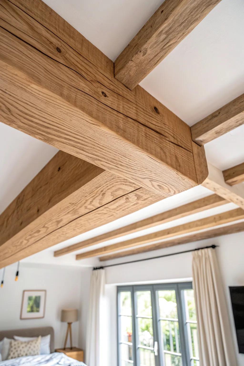 Extra-deep box beams level out a wavy ceiling—clean lines, warm wood, effortless calm.