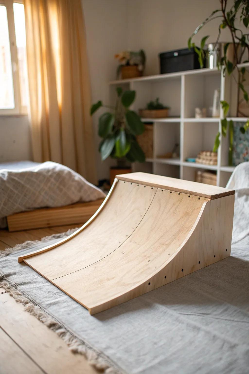 Dollhouse skate-park level: a smooth handmade mini ramp from wood offcuts—simple and fun.