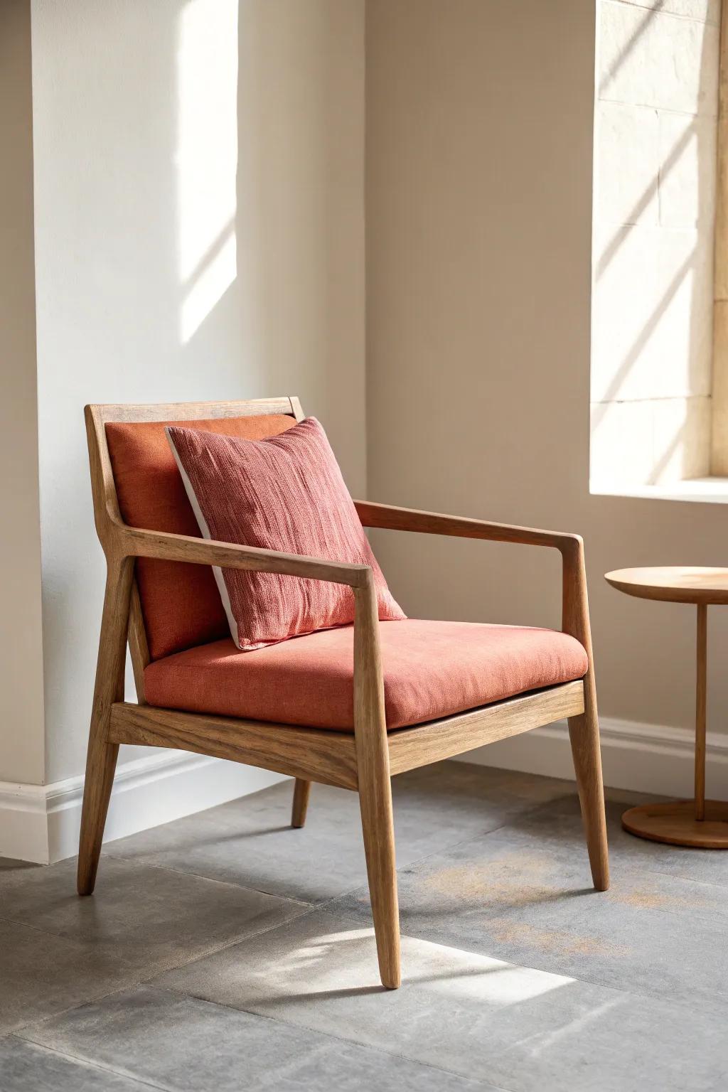 A coral color-pop chair in pale oak instantly wakes up a neutral break room—no repaint required.