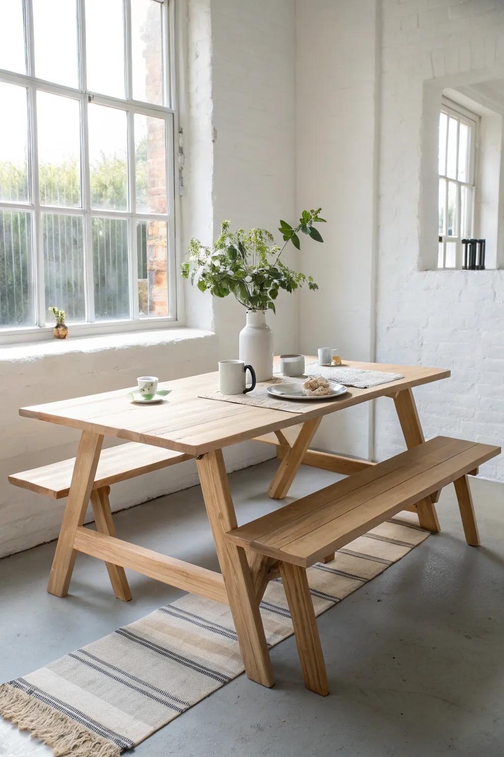 Modern indoor picnic table seating—light wood, clean lines, and a relaxed team-lunch vibe.